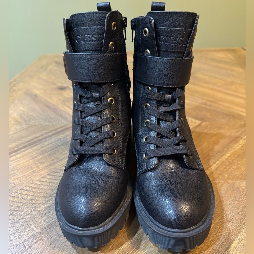 GUESS Caleena Lace Up Combat Boots With Gold Jeweled Guess Accent Strap NWOT - Picture 3 of 14
